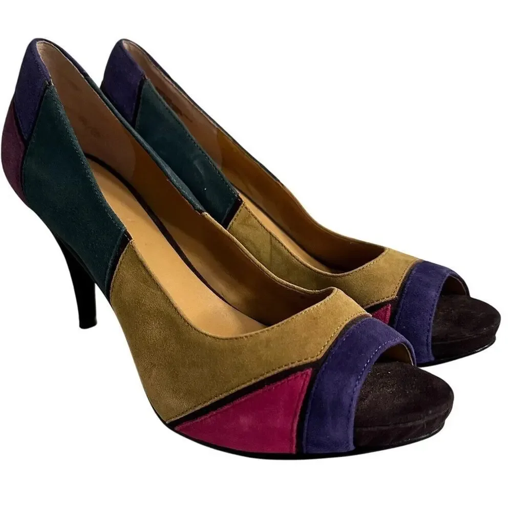 Nine West Kaspiao‎ Open Toe Suede High Heel Dopamine Patchwork Size 8M Y2K - Picture 5 of 16